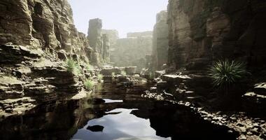 CGI Exploring a serene canyon landscape with tranquil water reflections video