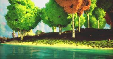 CGI Lush green landscape with colorful trees near serene water during afternoon video