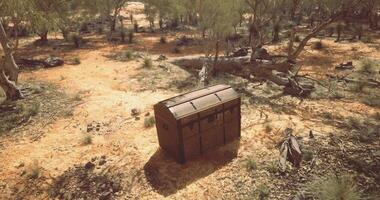 CGI Treasure chest discovered in a remote, arid landscape during midday sun video