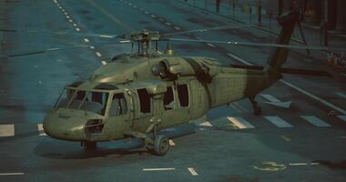 CGI Military helicopter on urban street during training operation at dusk video