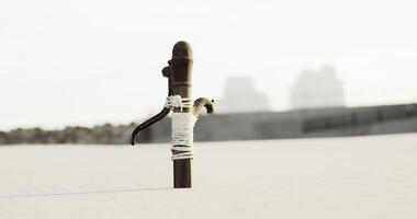 CGI Metal pole secured with rope against a sandy background at a seaside video