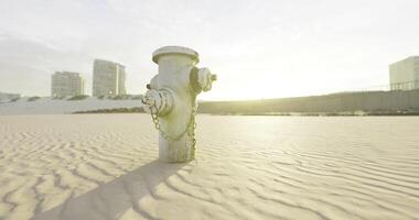 CGI Fire hydrant stands alone on sandy beach under warm evening light video