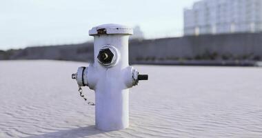 CGI Fire hydrant standing on sandy beach with ocean backdrop during daytime video