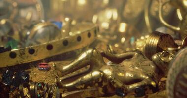 CGI Golden artifacts and gems in a treasure chest in a mystery setting video