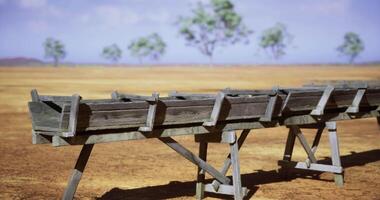 CGI Wooden trough on a dry landscape with sparse trees in the background video