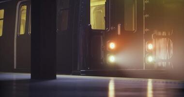 CGI Train approaches platform in urban subway station during early morning hours video