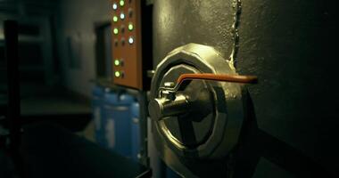 CGI Industrial valve in a dimly lit control room with illuminated buttons video