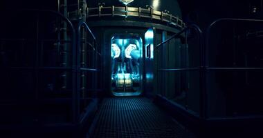 CGI Light emanates from a door in a dark industrial setting at night video