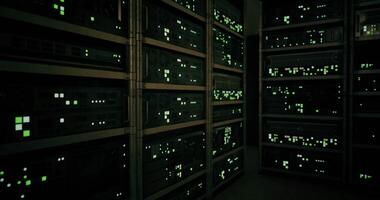 CGI Data center illuminated by green lights during nighttime hours video