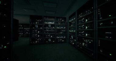 CGI High tech data center filled with illuminated server racks at night video