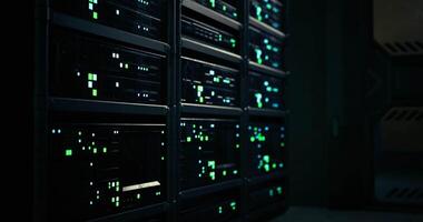 CGI Data center with illuminated server racks at nighttime video