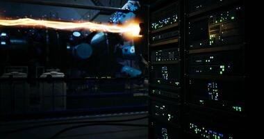 CGI High tech data center with energy surge and active machinery in background video
