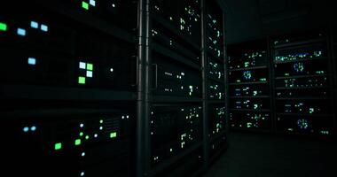 CGI Data center illuminated with colorful lights during nighttime operations video