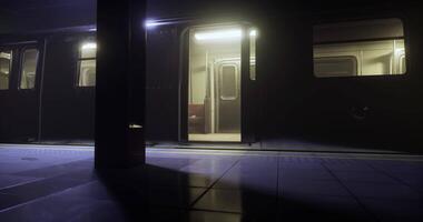 CGI Midnight subway platform with an open train door and dim lighting video