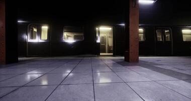 CGI Subway platform with empty train cars at night in urban environment video