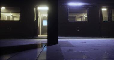 CGI Nighttime subway station with open train doors and quiet atmosphere video