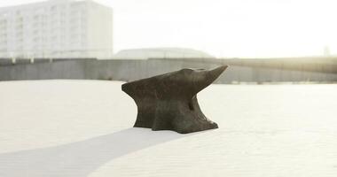 CGI Unique sculpture on a sandy beach during golden hour sunshine video