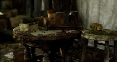 CGI Dusty table in an abandoned room with remnants of forgotten items video