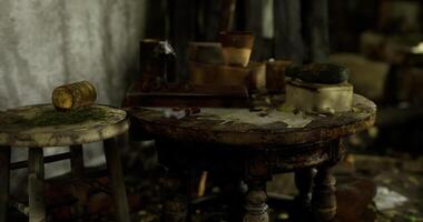 CGI Dusty table with old tools and scattered items in a dimly lit room video