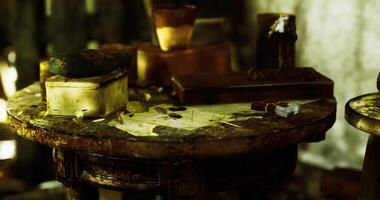 CGI Old wooden table cluttered with various items in a dimly lit room video