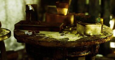 CGI Old wooden table with scattered objects in a dimly lit environment video
