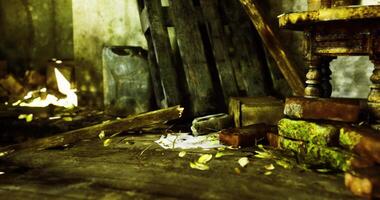 CGI Abandoned room with forgotten objects and scattered leaves in dim light video