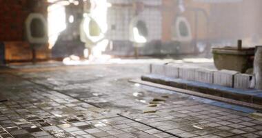 CGI Restroom floor with tiles and urinals in a dimly lit atmosphere video