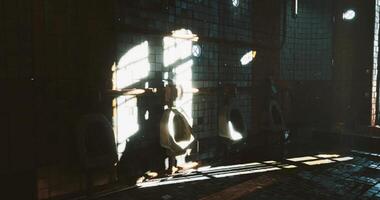 CGI Light filtering through windows in an old restroom with vintage fixtures video