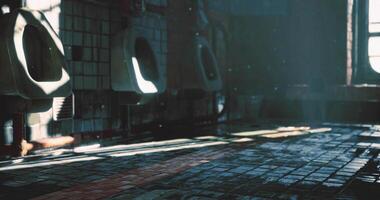 CGI Dimly lit restroom with sun rays illuminating tiled floor and walls video