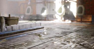 CGI Wet floor tiles in a public restroom with bright sunlight streaming in video