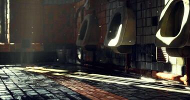 CGI Interior view of a dimly lit restroom with light streaming through the window video