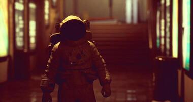 CGI Astronaut exploring an otherworldly corridor with vivid lighting effects video