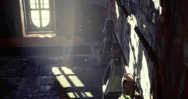 CGI Light beams illuminate a quiet restroom in an old building during the day video