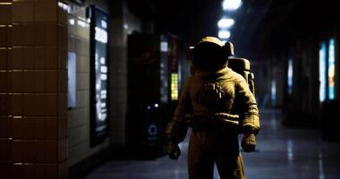 CGI Mysterious figure in an astronaut suit in a dimly lit corridor video