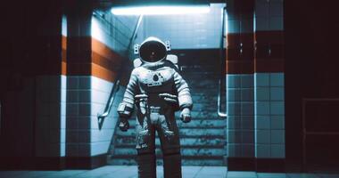 CGI Astronaut exploring an abandoned subway station at night video
