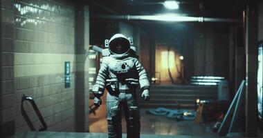 CGI Astronaut exploring a dimly lit corridor in a space facility late at night video