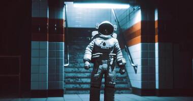 CGI Space explorer in dim subway as urban meets sci fi video