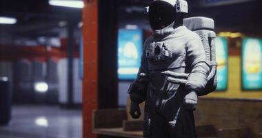 CGI Astronaut statue stands in urban environment with luminous backdrop video