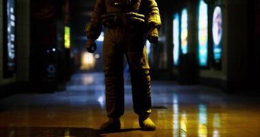 CGI Spaceman figure illuminated by soft lights in a dim hallway video