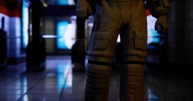 CGI Exploration of an astronaut in a futuristic urban environment at night video