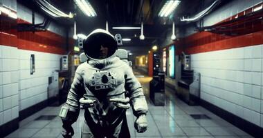 CGI Space explorer navigates a futuristic corridor at a distant location video