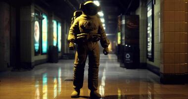 CGI Astronaut stands alone in dimly lit urban corridor after dark video