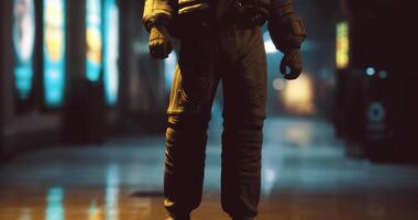 CGI Astronaut figurine displayed in a dimly lit corridor with vibrant lights video