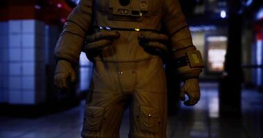 CGI Astronaut stands in subway station illuminated by blue lights video