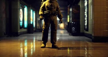 CGI Astronaut stands in a dimly lit urban corridor reflecting on exploration video