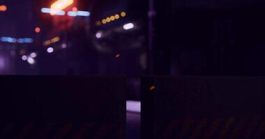 CGI Nighttime cityscape with illuminated buildings and barriers in foreground video