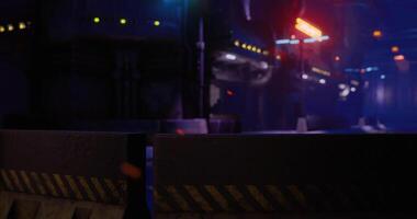 CGI Neon lights illuminate an urban environment in a sci fi setting at night video