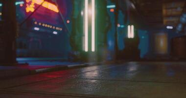CGI Neon lights reflect on wet pavement in a futuristic urban setting at night video