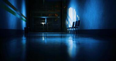 CGI Long empty hallway with blue lighting and reflections on the wet floor video