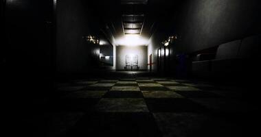 CGI Mysterious dimly lit hallway with empty chair in abandoned building video
